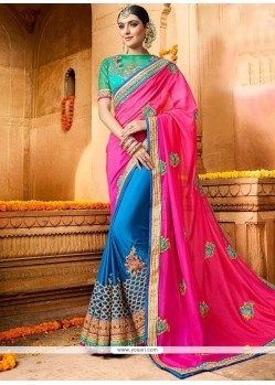 Fancy Fabric Blue And Hot Pink Designer Half N Half Saree