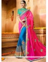 Fancy Fabric Blue And Hot Pink Designer Half N Half Saree