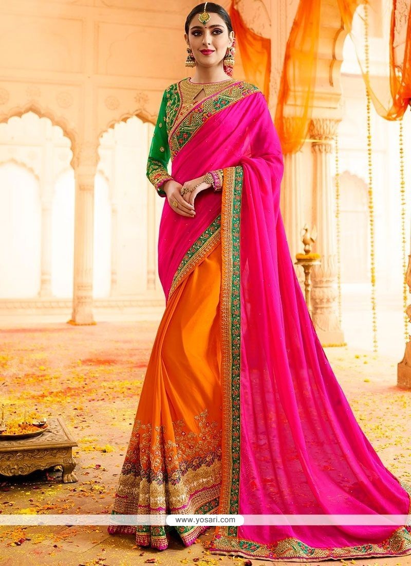 paisley print work hot pink and orange fancy fabric designer half n half saree