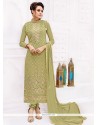 Faux Georgette Green Embroidered Work Churidar Designer Suit