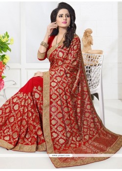 Faux Georgette Red Resham Work Classic Designer Saree