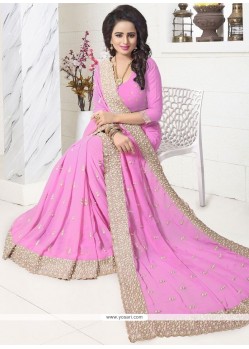 Embroidered Work Pink Faux Georgette Saree