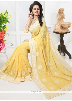 Faux Georgette Yellow Embroidered Work Designer Saree