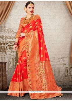 Art Silk Orange Resham Work Designer Traditional Saree