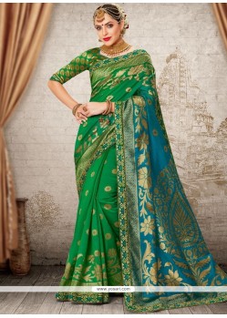 Resham Work Blue And Green Traditional Designer Saree