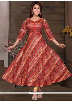 Print Work Chanderi Red Readymade Gown