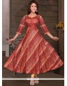 Print Work Chanderi Red Readymade Gown