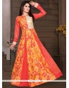 Orange Chanderi Print Work Readymade Gown