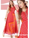 Chanderi Orange And Red Print Work Readymade Gown