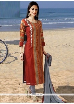 Chanderi Red Embroidered Work Readymade Suit