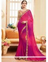 Faux Georgette Hot Pink Embroidered Work Saree