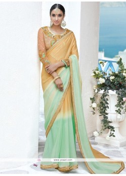 Faux Georgette Beige And Sea Green Shaded Saree