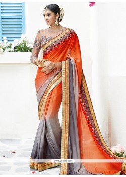 Grey And Orange Lace Work Faux Chiffon Shaded Saree