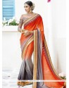 Grey And Orange Lace Work Faux Chiffon Shaded Saree