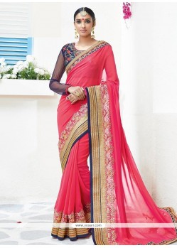 Faux Georgette Hot Pink Embroidered Work Classic Designer Saree