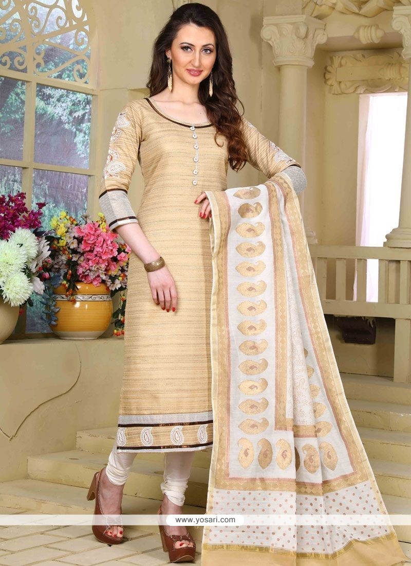 Buy Beige Embroidered Work Chanderi Readymade Suit | Churidar Salwar Suits