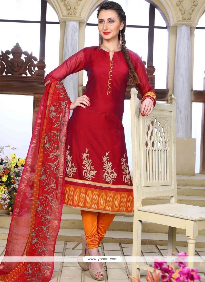 Buy Chanderi Embroidered Work Readymade Suit | Churidar Salwar Suits