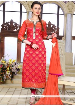 Chanderi Orange And Red Embroidered Work Readymade Suit