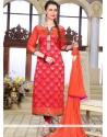 Chanderi Orange And Red Embroidered Work Readymade Suit