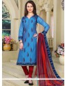 Embroidered Work Blue Chanderi Readymade Suit