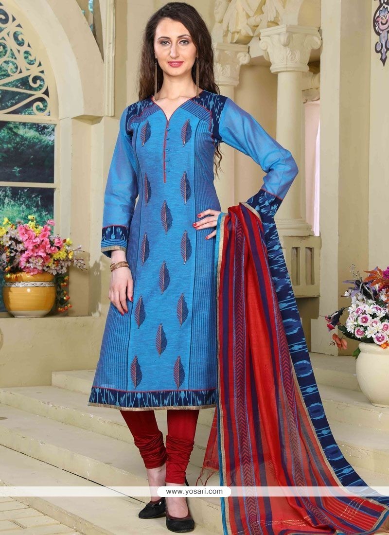 Buy Embroidered Work Blue Chanderi Readymade Suit | Churidar Salwar Suits