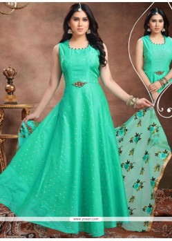 Chanderi Sea Green Embroidered Work Readymade Anarkali Suit