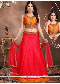 Orange And Red Lace Work Art Silk Lehenga Choli