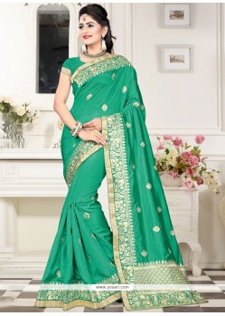 Sea Green Embroidered Work Art Silk Traditional Designer Saree