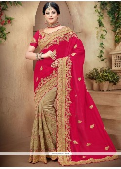 Beige And Hot Pink Crepe Silk Designer Half N Half Saree