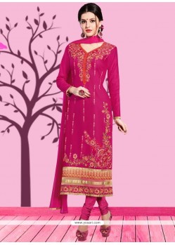 Embroidered Cotton Churidar Suit In Magenta