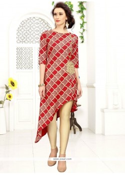 Red Print Work Rayon Party Wear Kurti