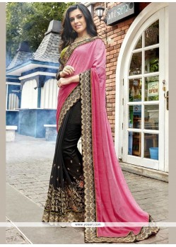 Faux Georgette Black And Pink Embroidered Work Designer Half N Half Saree