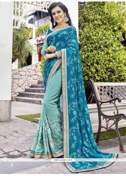 Faux Georgette Blue Patch Border Work Shaded Saree