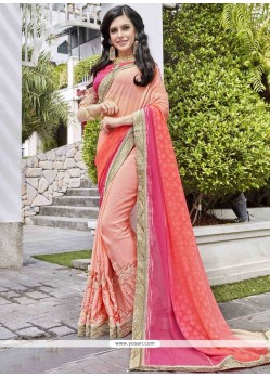 Peach Embroidered Work Faux Georgette Shaded Saree