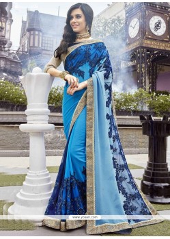 Blue Patch Border Work Faux Georgette Shaded Saree