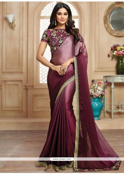 Embroidered Work Wine Satin Shaded Saree