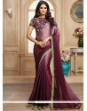 Embroidered Work Wine Satin Shaded Saree