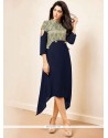 Print Work Navy Blue Rayon Party Wear Kurti