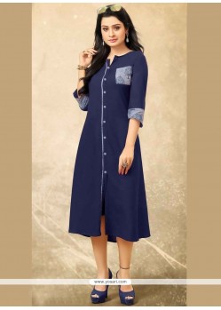 Navy Blue Print Work Rayon Party Wear Kurti