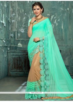 Beige And Sea Green Net Designer Half N Half Saree