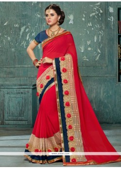 Faux Georgette Red Embroidered Work Classic Designer Saree