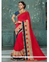 Faux Georgette Red Embroidered Work Classic Designer Saree