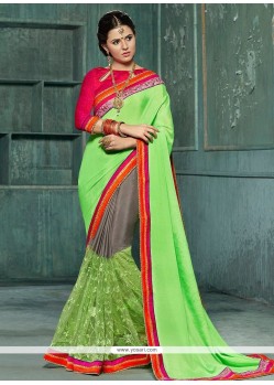 Green And Grey Lace Work Net Half N Half Saree