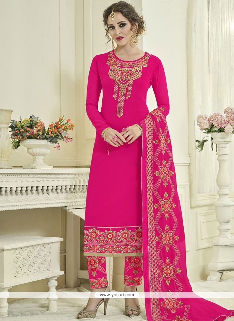 Buy Resham Work Faux Georgette Hot Pink Designer Straight Suit ...