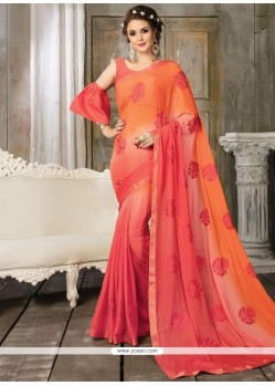 Orange And Pink Resham Work Shaded Saree