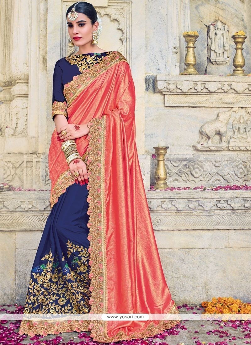Buy Art Silk Navy Blue And Pink Designer Half N Half Saree | Wedding Sarees