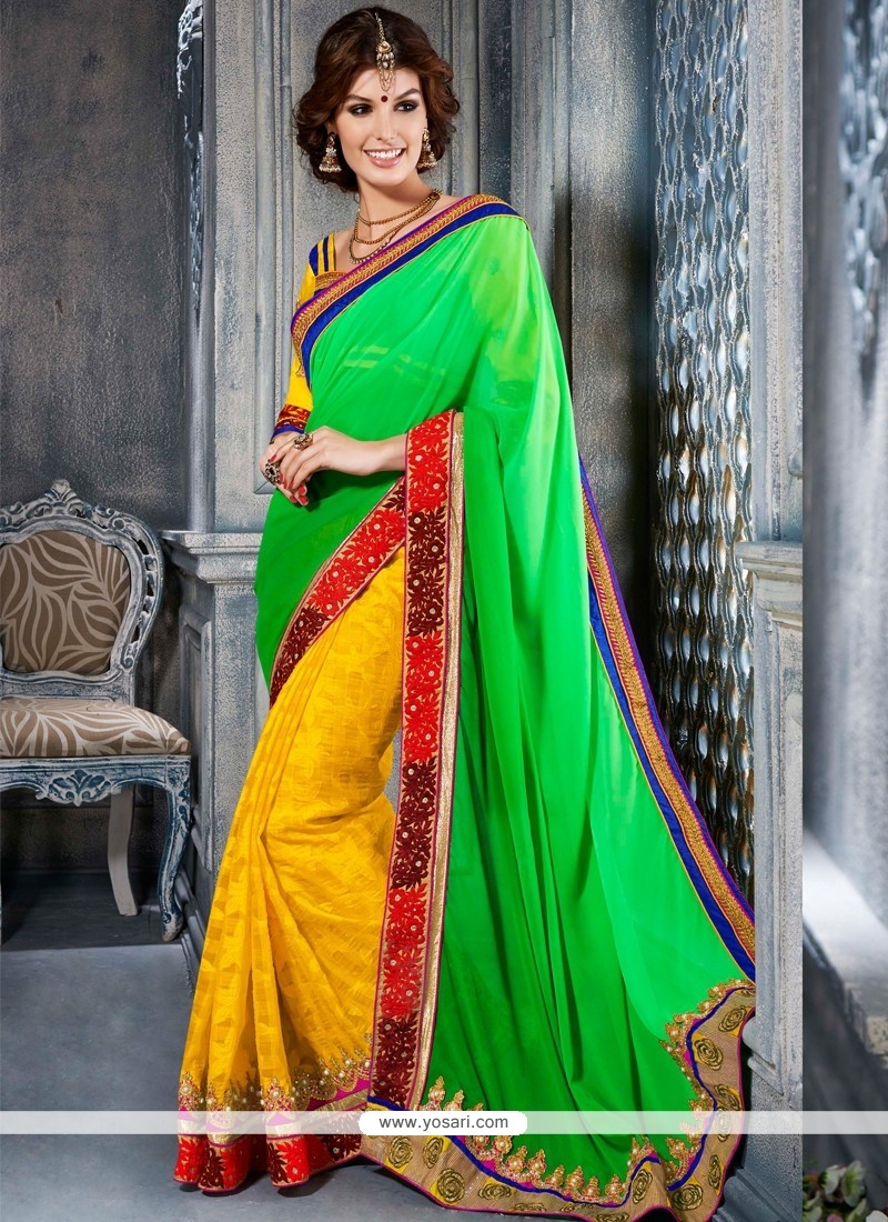 Green And Yellow Georgette Designer Saree