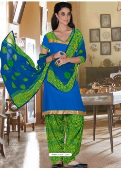 Blue And Green Cotton Punjabi Patiala Suit