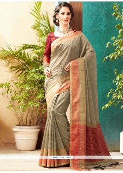 Jute Silk Beige Embroidered Work Traditional Designer Saree