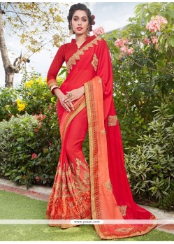 Faux Georgette Red Embroidered Work Shaded Saree